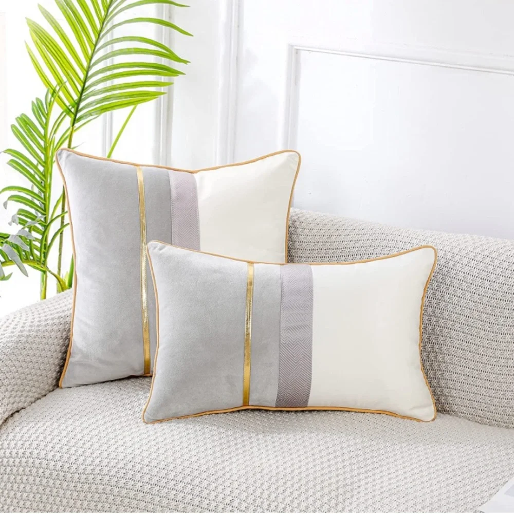 Luxury Home | Elegant Grey & Ivory Color Block Soft Velvet Throw Pillow Cover
